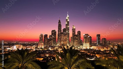 City skyline silhouette at dusk with palm trees urban landscape