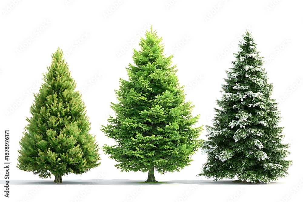 Obraz premium A collection of three evergreen trees showcasing varying shapes and textures