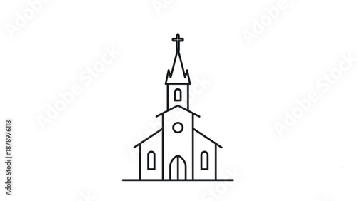 Simple black and white line drawing depicts a traditional church with a steeple and cross against a clean white background for icon use.