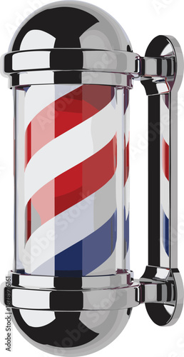 Traditional Barber Pole Illustration – Red, White, and Blue Helical Stripes in Metallic Frame Symbolizing Barbershop Heritage and Grooming Services