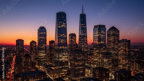 City skyline silhouette at sunset with dramatic sunburst and modern architecture