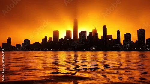 City skyline silhouette at sunset reflection on water scenery
