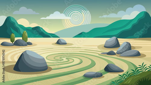Zen Gradient Garden with Raked Sand Waves and Stones - AI-generated illustration