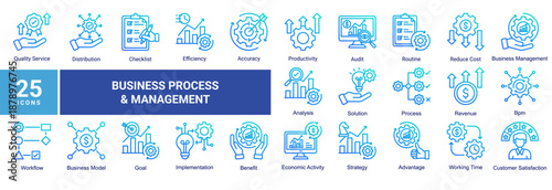 Business Process & Management icon set featuring workflow,efficiency,productivity,strategy,analysis,performance,and operational business management concepts.