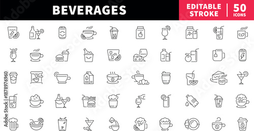 Beverages editable line icons set. drink and refreshment symbols