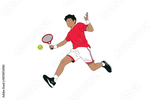 Tennis player in motion hitting a ball with a red racket man shirt