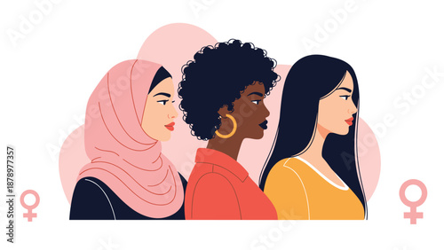 Side profile portraits of three diverse women from different backgrounds representing global sisterhood, unity, and female empowerment.