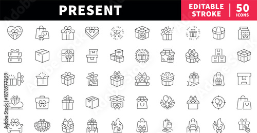 Gift and present editable line icons set. box and wrap symbols