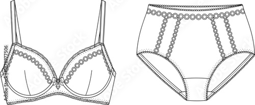 Women lingerie set CAD drawing, flat vector illustration, bra and panties front view mockup isolated on white background for apparel design, fashion branding, technical development
