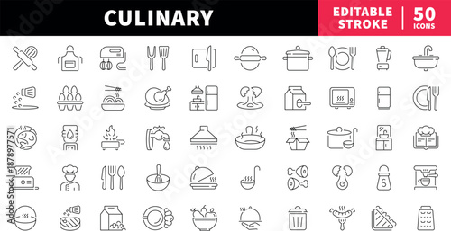 Culinary editable line icons set: kitchen and cooking symbols