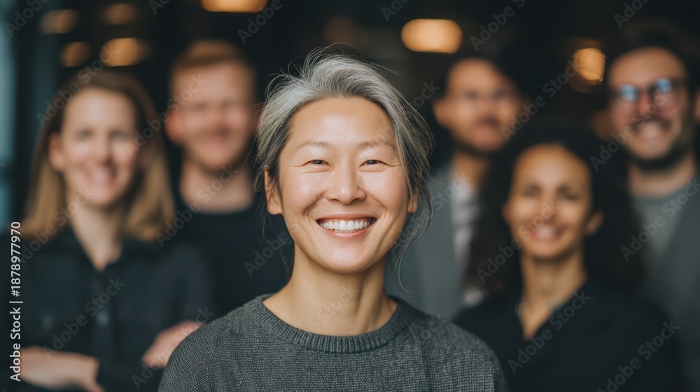Obraz premium Smiling Asian Woman in Front of Diverse Group Portrait at Modern Office Setting, Highlighting Positive Team Spirit