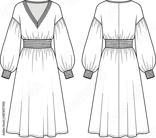 Women long sleeve maxi dress CAD drawing, flat vector illustration, front and back view mockup isolated on white background for apparel design, fashion branding