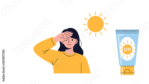 Young woman in yellow sweater protecting her face from bright sunlight near a blue tube of UV protection sunscreen cream.