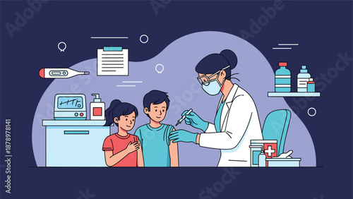 Pediatrician administers a vaccine to a young boy while his sister watches in a well-equipped medical clinic setting for healthcare awareness.