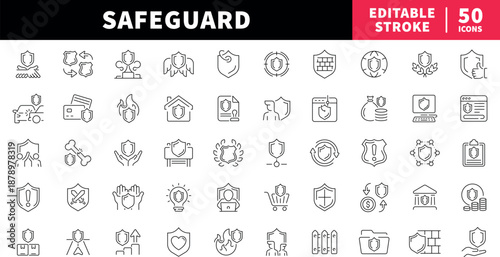 Safeguard editable line icons set. Protection and safety symbols