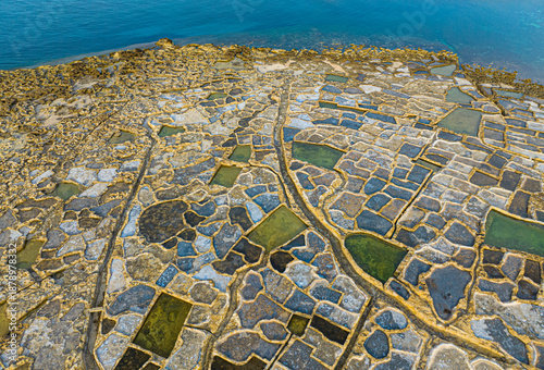 Foto ⁦Drone view of saltpans on Gozo island, Malta