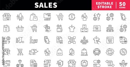 Sales and shopping editable line icons set. commerce and retail symbols
