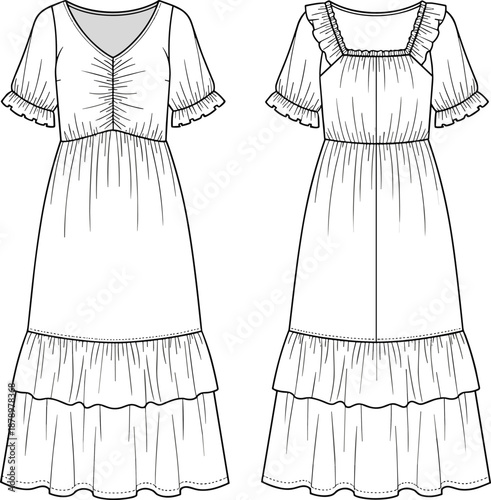 Women ruffle maxi dress CAD drawing, flat vector illustration, front and back view mockup isolated on white background for apparel design, fashion branding, technical development