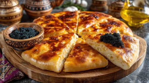 Wallpaper Mural Golden cheese pie with black caviar garnish on rustic wooden board. Torontodigital.ca