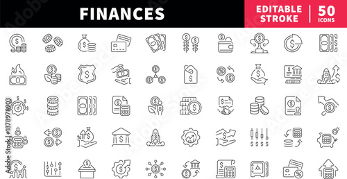 Finance editable line icons set. money and banking symbols