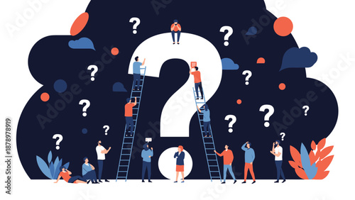 Group of curious people using ladders to climb a massive white question mark against a dark background with floating symbols.