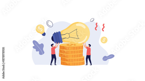 Two business partners balancing a large lightbulb on top of a stack of gold coins to symbolize profitable innovation and ideas.