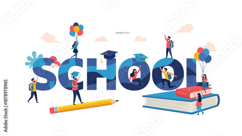 Playful illustration of the word school with students sitting on letters, holding balloons, and reading books to celebrate education.