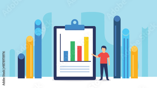 Business professional standing next to a large clipboard with a colorful bar chart presenting data analysis results for growth.