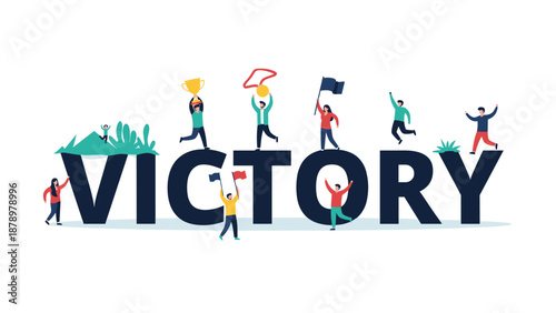 Group of happy professionals celebrating a major success around the word victory with trophies, flags, and energetic jumps.