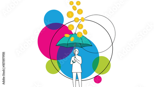 Person holding an umbrella to catch falling gold coins representing financial protection, insurance, and investment wealth.