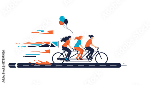 Three women riding a tandem bicycle together with colorful balloons flying behind them as they move fast on a dark road.