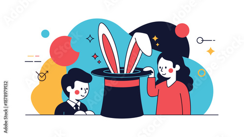 Young man and woman looking with wonder at a pair of white rabbit ears appearing from inside a black magician top hat.
