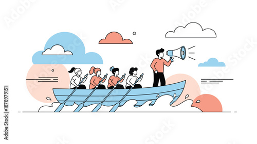 Team of rowers working in sync in a blue boat while a leader with a megaphone guides them through the waves of the sea.