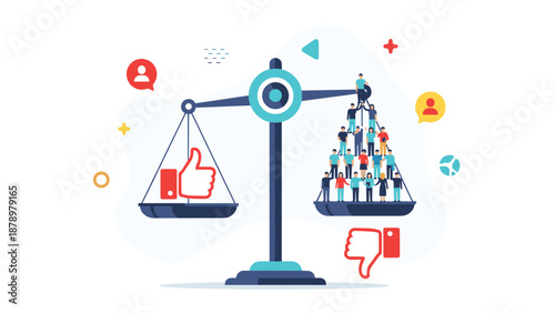 Large scale balancing a single red thumbs up icon against a large group of people on the other side on a white background.