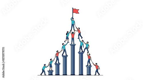 Group of people collaborating and standing on pillars to reach a high red flag at the top of a human pyramid structure.