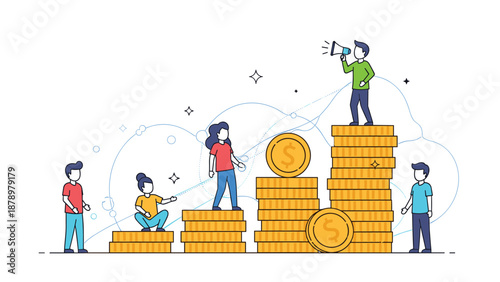 People standing on growing stacks of gold coins while a leader with a megaphone directs them toward financial growth and success.