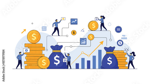 Concept of financial management and investment with people moving money bags, coins, and data charts in a complex business system.