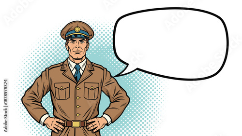 Vintage pop art military officer in uniform standing with hands on hips next to a large blank white speech bubble.