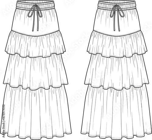 Women tiered maxi skirt CAD drawing, flat vector illustration, front and back view mockup isolated on white background for fashion design, apparel branding