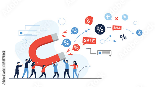 Team of marketing professionals using a large red magnet to attract sales, discounts, and percentage signs toward their business.
