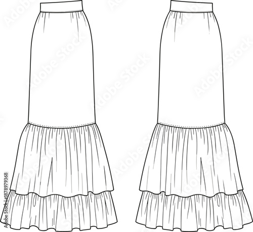 Women tiered maxi skirt CAD drawing, flat vector illustration, front and back view technical fashion sketch isolated on white background for apparel design