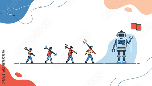 Group of industrial workers with hammers and tools walking toward a futuristic robot holding a red flag on a white background.