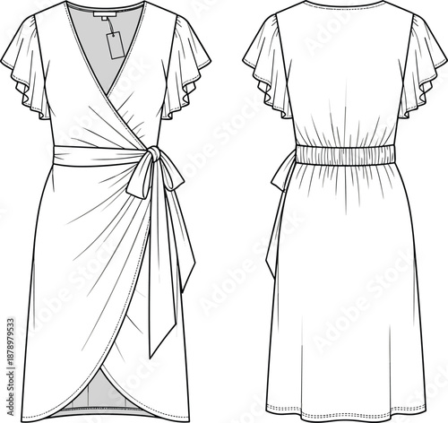 Women wrap midi dress CAD drawing, flat vector illustration, front and back view fashion technical sketch isolated on white background for apparel design