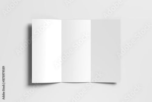 Minimalist tri-fold brochure template on a light grey background with shadows.