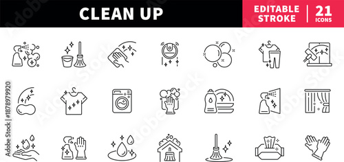 Cleaning and hygiene editable line icons set. sanitation and tidiness