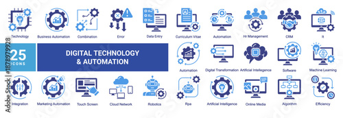 Digital Technology & Automation icon set featuring AI,software,IT systems,cloud computing,robotics,automation,machine learning,and digital transformation concepts.