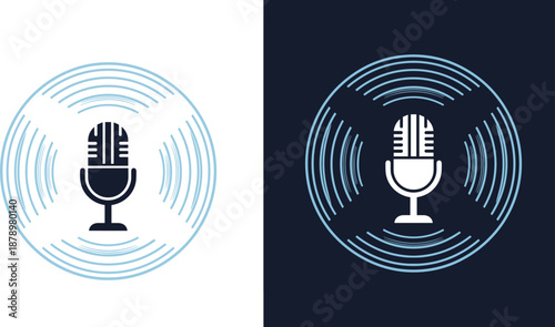 Retro microphone icons with sound wave circles for podcasting radio broadcasting and audio recording studio logos isolated on white and black