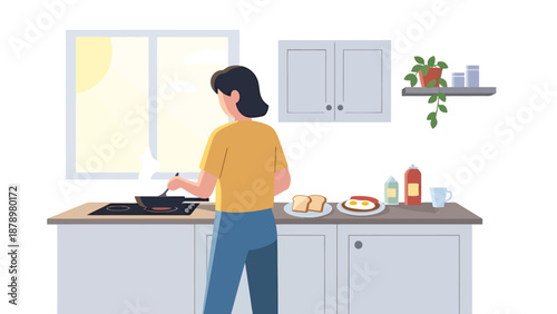 Woman cooking breakfast in a bright kitchen with morning sunlight streaming through window and food prepared on counter top
