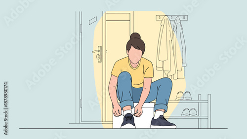 Woman tying shoelaces while sitting on a bench in a hallway preparing to leave home for an outing