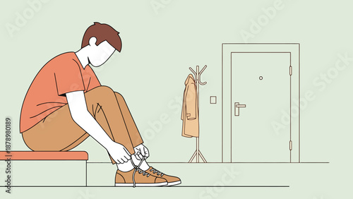 Young Man Sitting Down Tying His Shoes Ready for Departure from Home Entrance Doorway with Coat Hanging